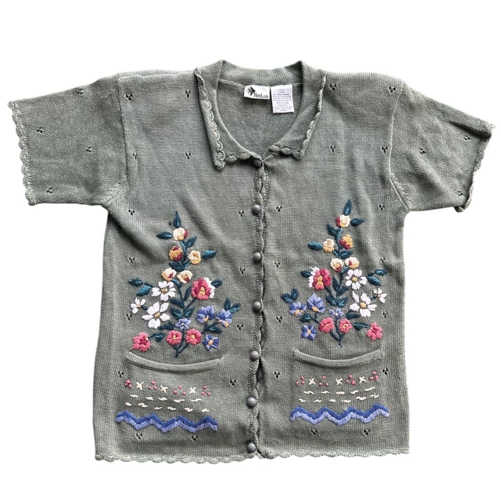 New Look Sage‎ Green Floral Embroidered Short Sleeve Cardigan Sweater Small